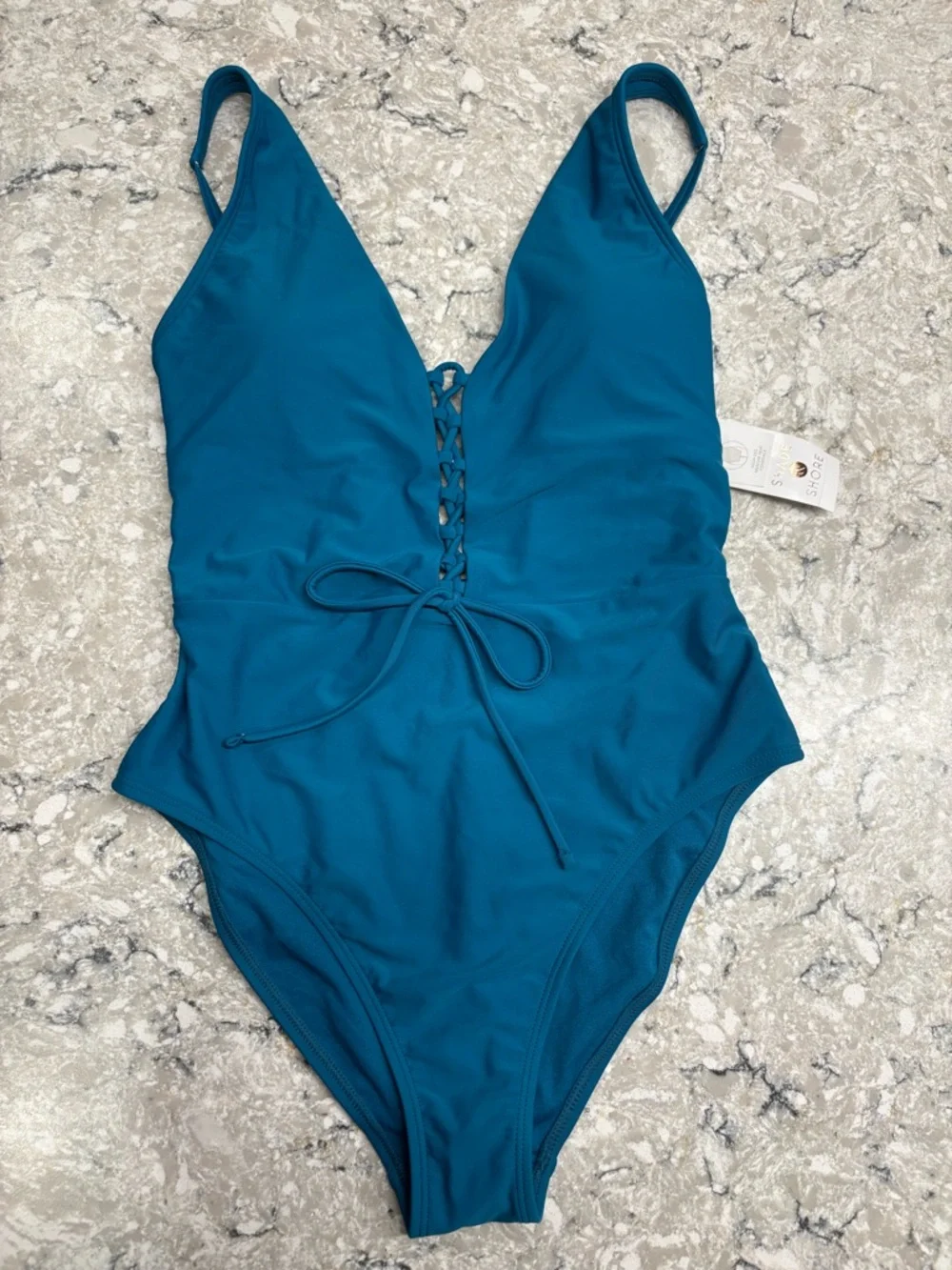 Shade & Shore Lace-Up One-Piece Swimsuit in Teal NWT - Picture 3 of 6
